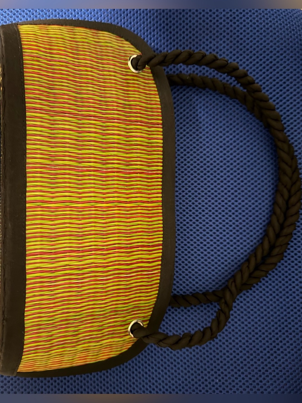 Woven Green & Brick Red Purse with Black Rope Handles